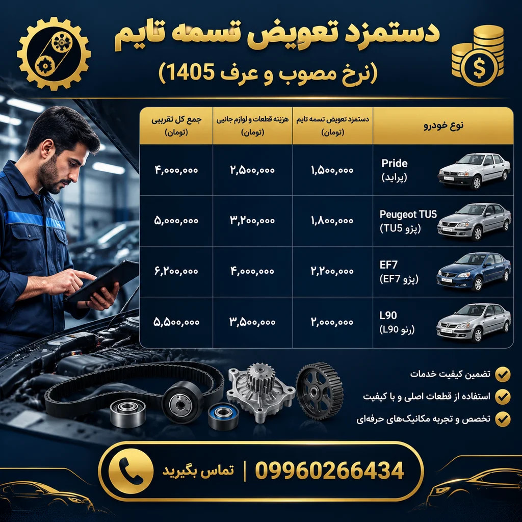 دستمزد تعویض تسمه تایم (نرخ مصوب و عرف 1405)